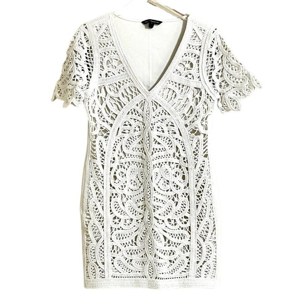 French Connection White Crochet Embroidery Mini Short Dress V Neck Sz 10 L - Picture 3 of 16